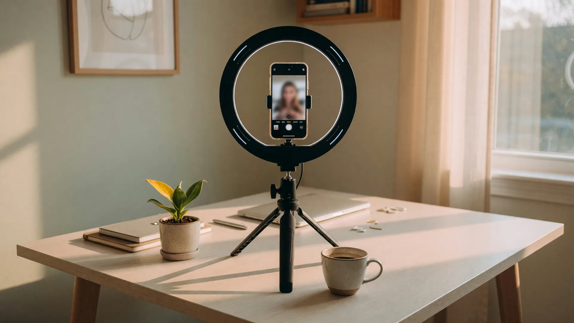 Ring light with smartphone mounted on a tripod in a sunlit home office