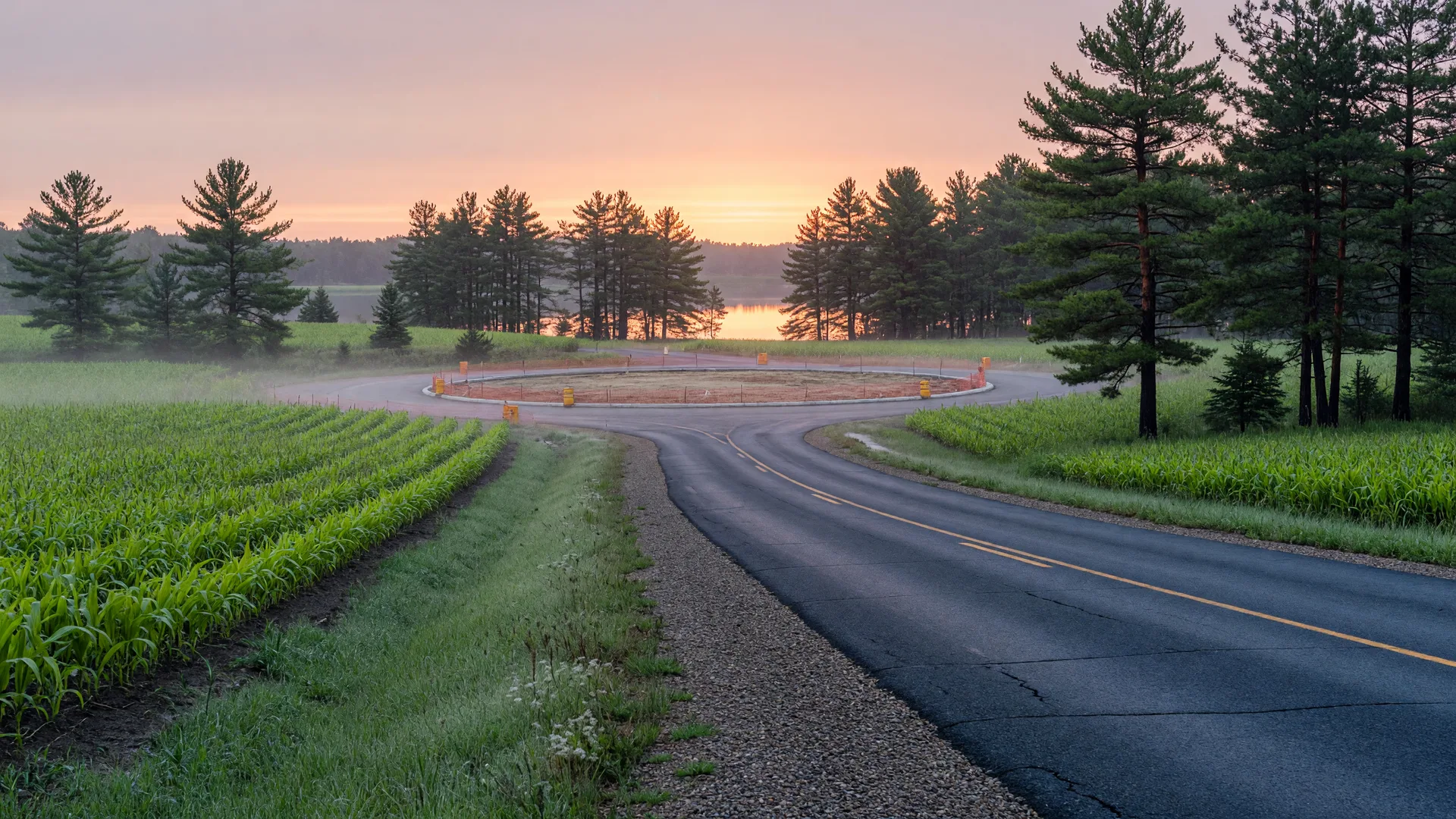 Country two-lane road curving toward a roundabout under construction at dawn