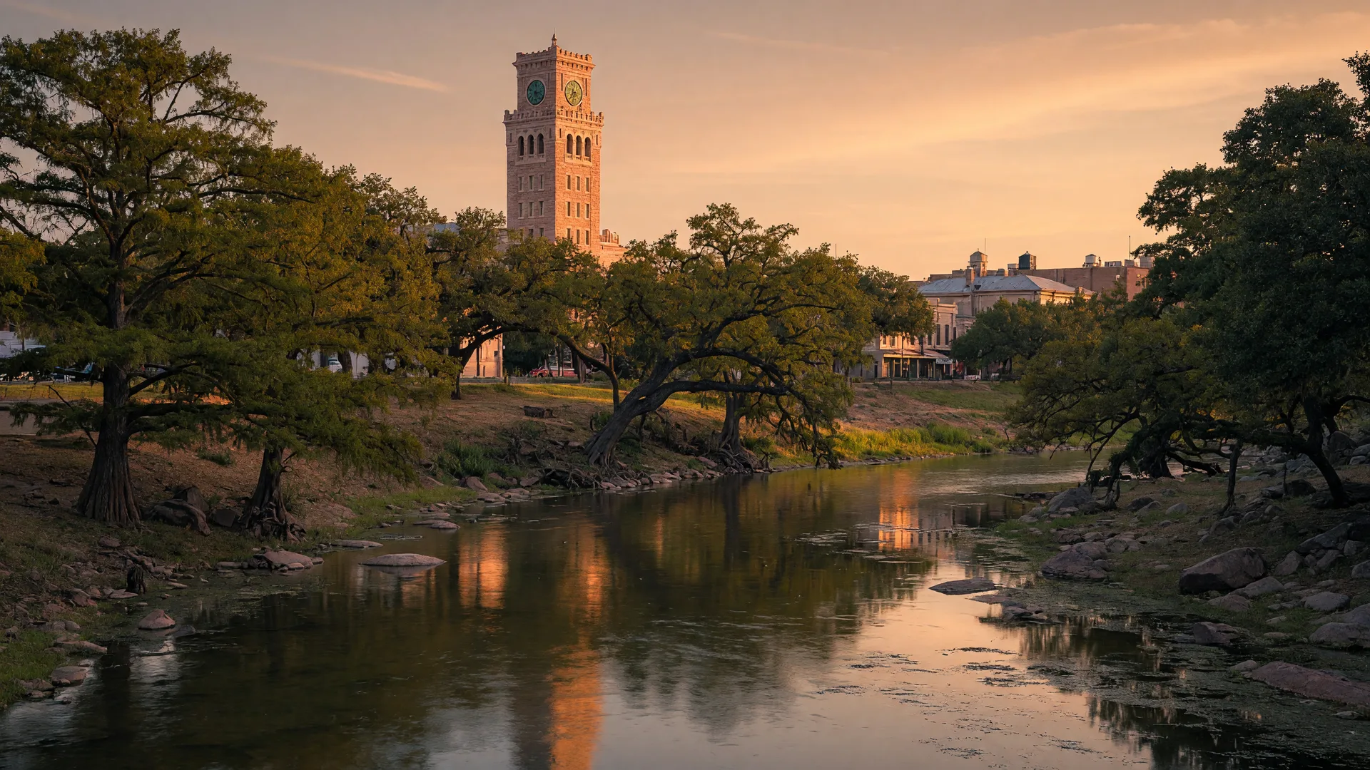 The Llano River in golden light with bald cypress and live oak lined banks, the historic pink granite courthouse tower of downtown Llano rising above the treeline in the distance