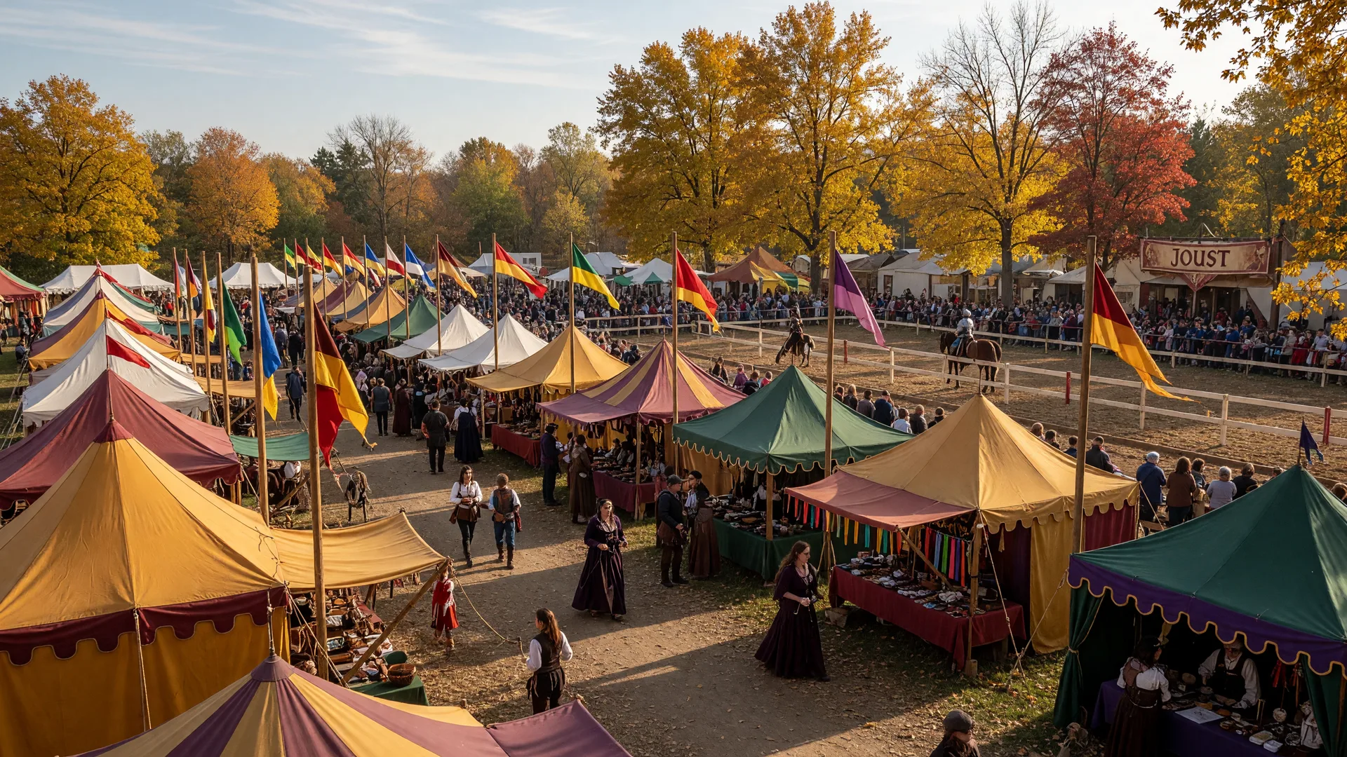 The Kansas City Renaissance Festival grounds in Bonner Springs with colorful medieval tents, pennant banners on wooden poles, and a distant jousting arena on a golden October afternoon