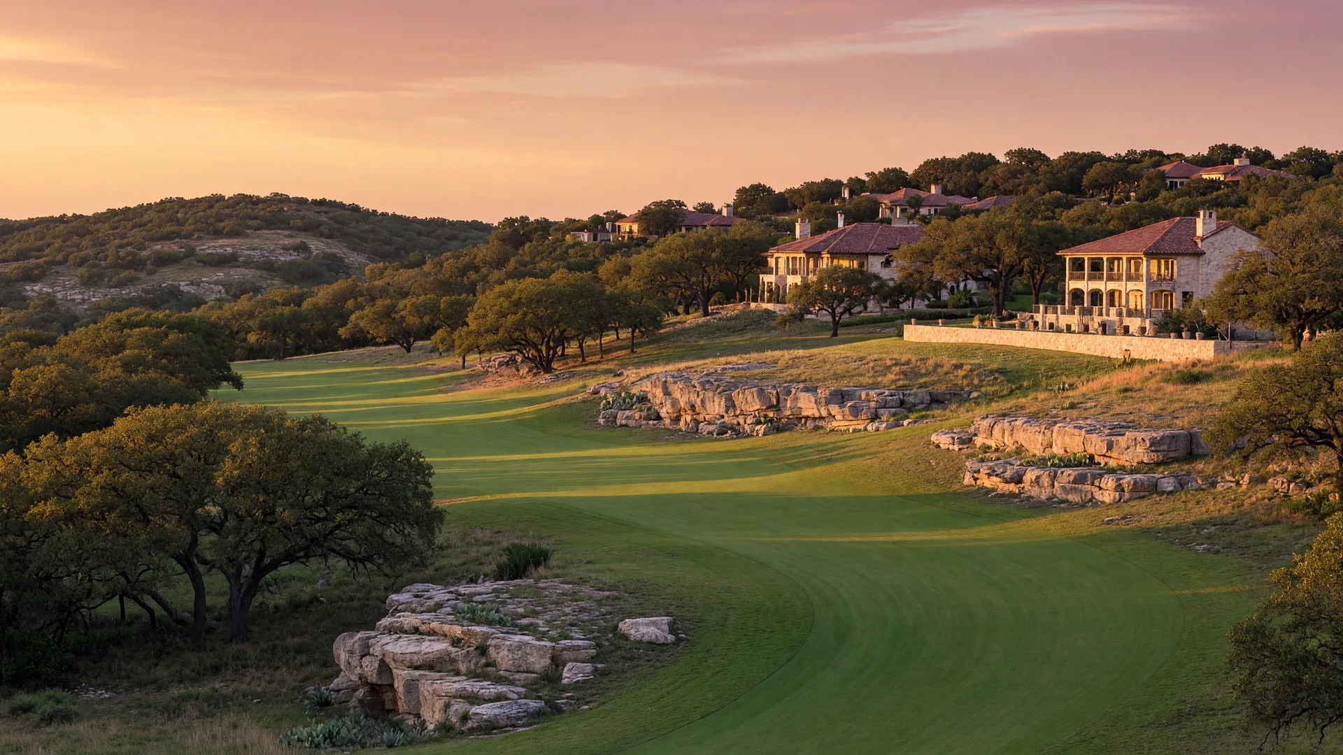 Fair Oaks Ranch Golf and Country Club with a lush green fairway winding through rolling Texas Hill Country hills and live oaks