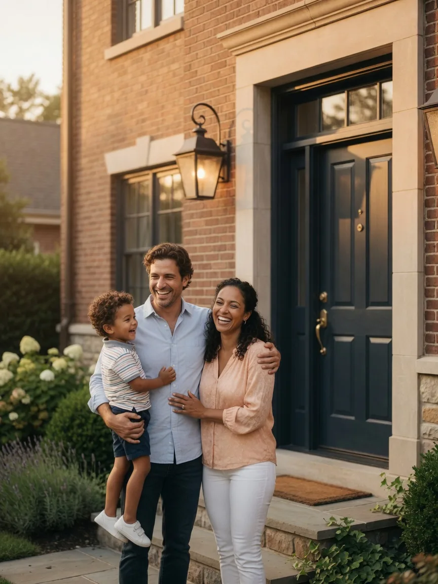 A happy, diverse family standing together at the front door of an upscale home in warm evening light