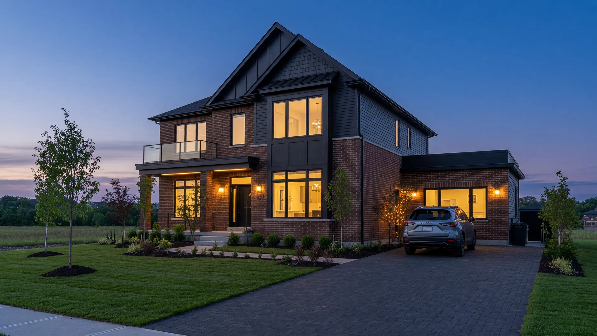 A modern newly built two-storey suburban family home in Durham Region at blue-hour dusk, warm interior light glowing through large windows, brick and dark siding, a landscaped front yard and paved double driveway