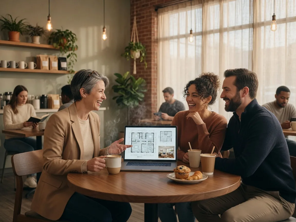 Real estate agent and couple reviewing floor plans on a laptop in a cozy coffee shop