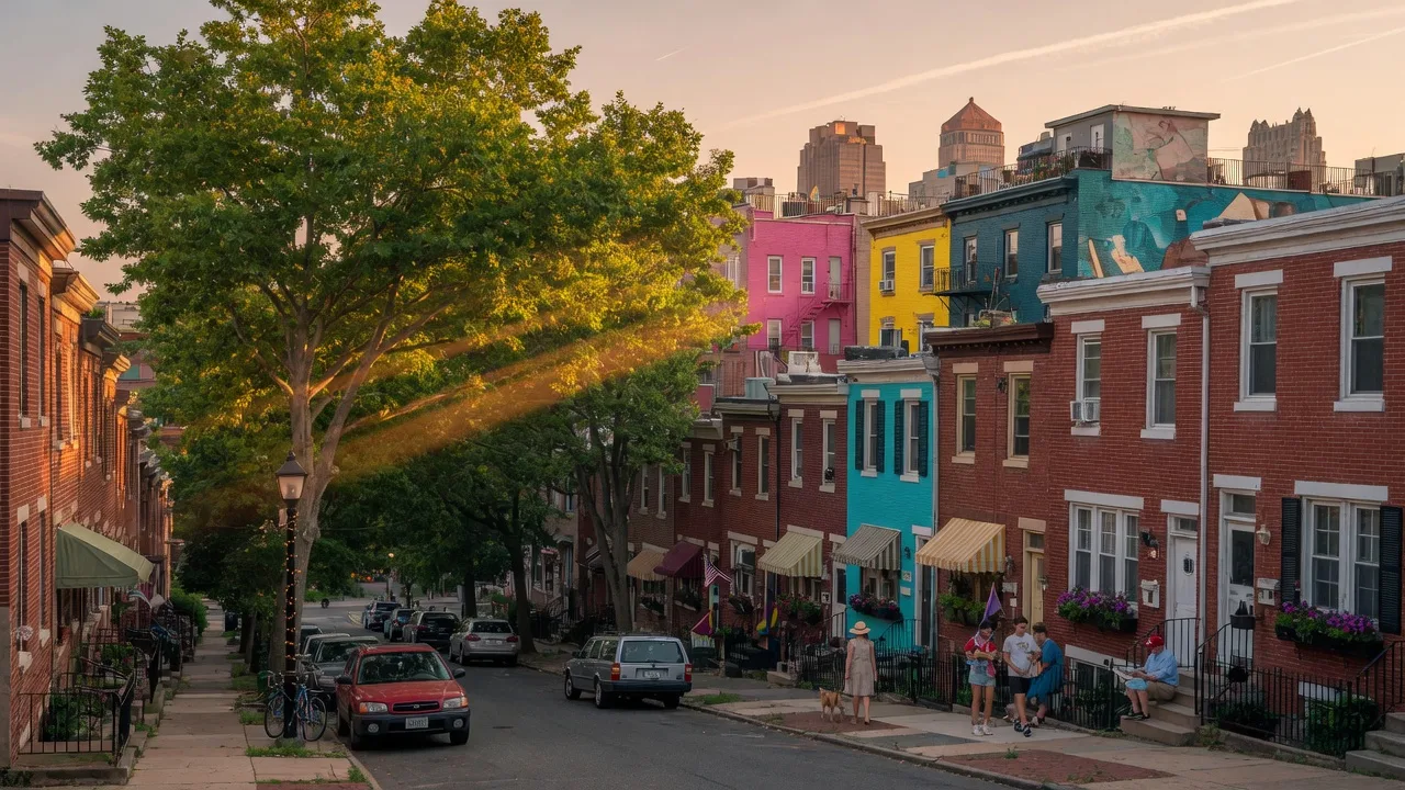 Tree-lined Queen Village streets with historic brick rowhomes in Philadelphia on a late summer afternoon