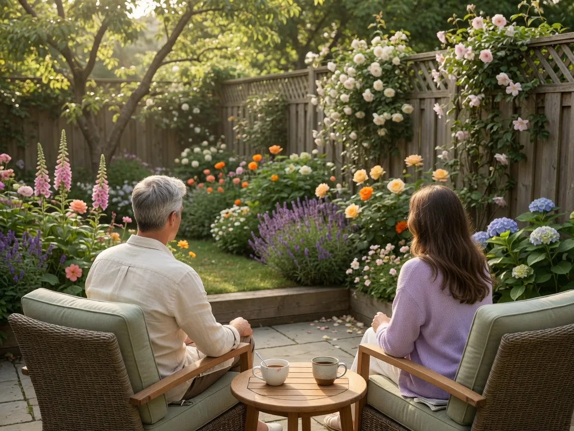 Couple relaxing on a private patio with coffee overlooking a landscaped garden