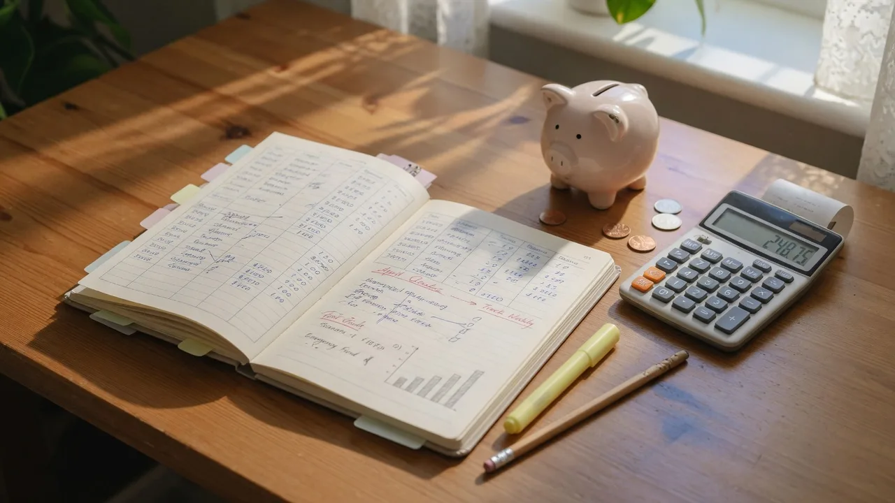Budget planner and calculator on a wooden desk