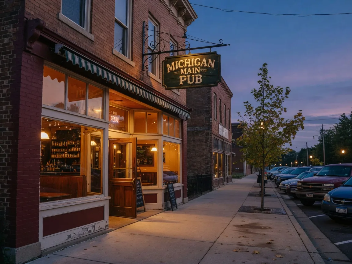 Charming downtown street in a Southeastern Michigan community at golden hour