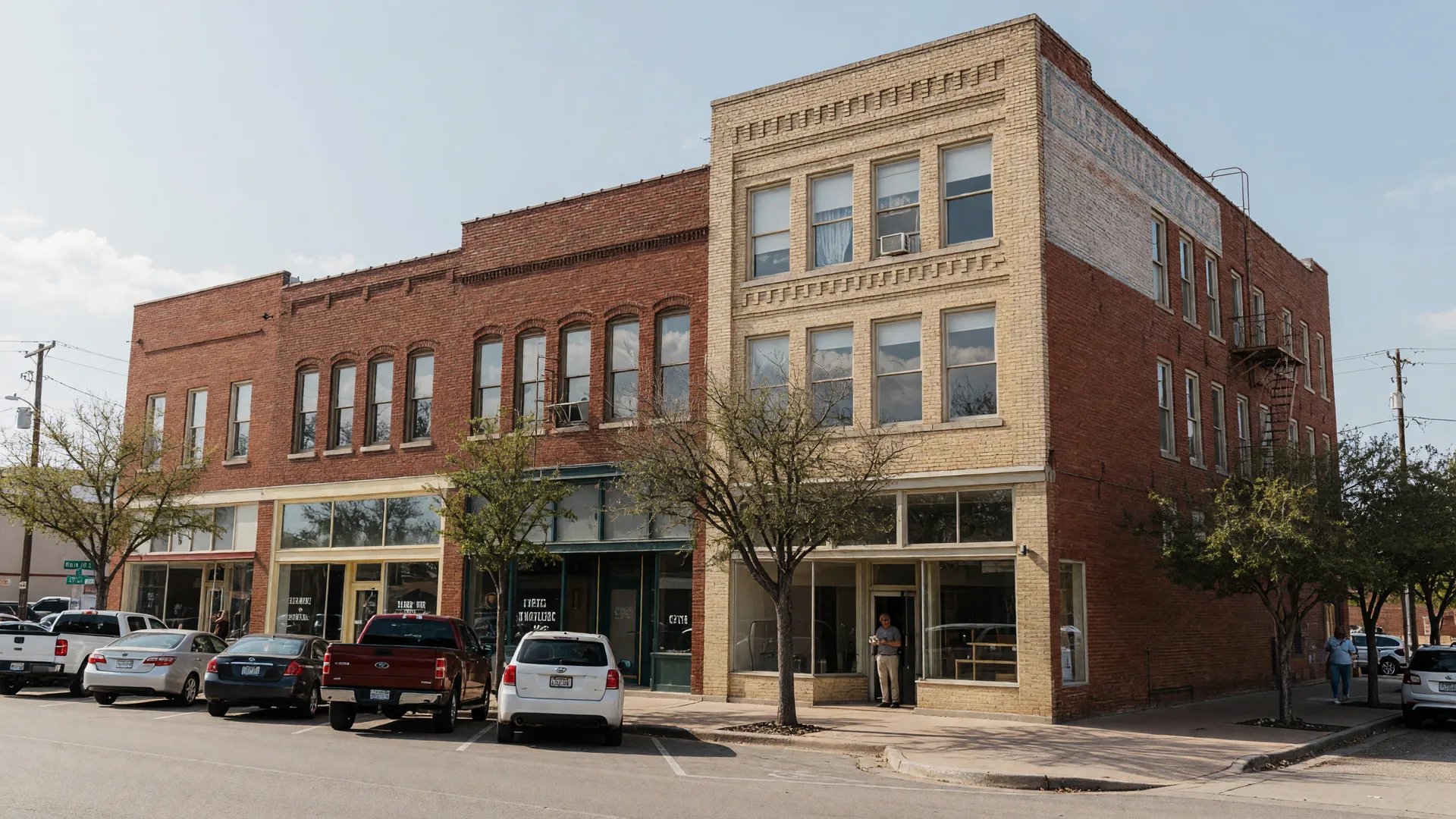 Downtown commercial street in Northeast Texas with brick storefronts and storefront offices