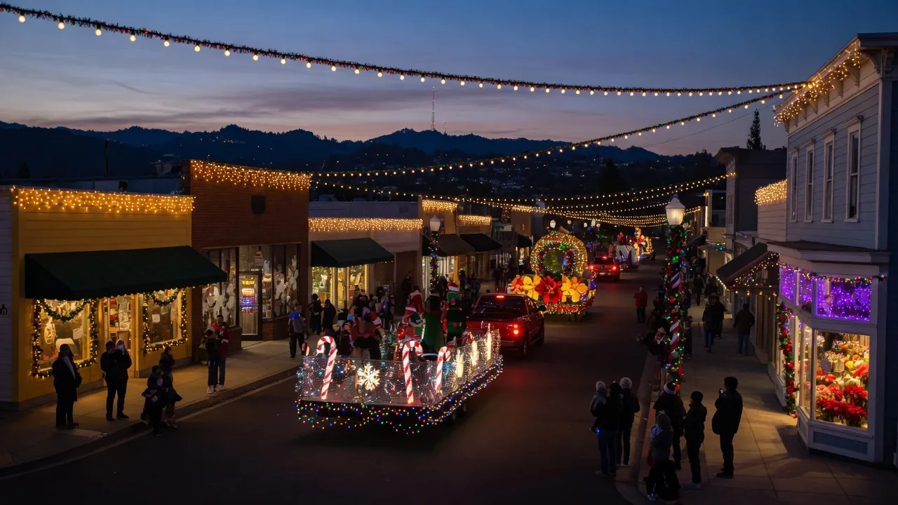 A small-town holiday parade on a California main street at dusk with warm string lights overhead and glowing floats passing storefronts