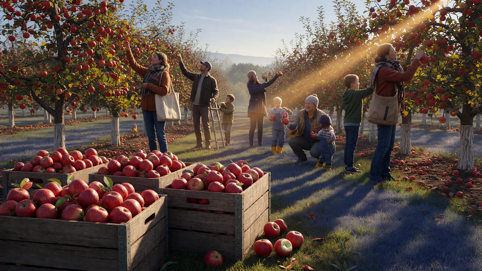 Apple picking in a Pennsylvania orchard on a crisp early-fall morning
