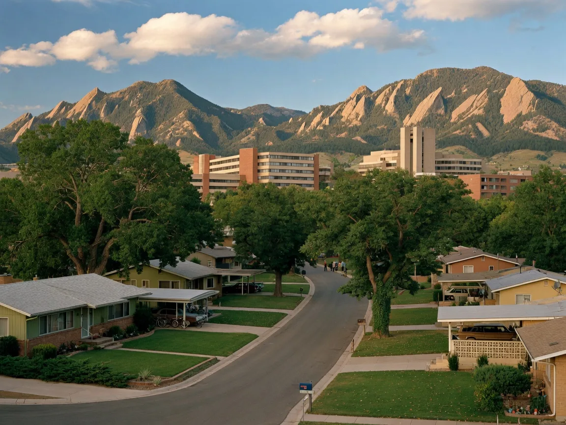 Mid-century ranch homes in University Hills near CU Boulder with campus buildings and Flatirons in the background