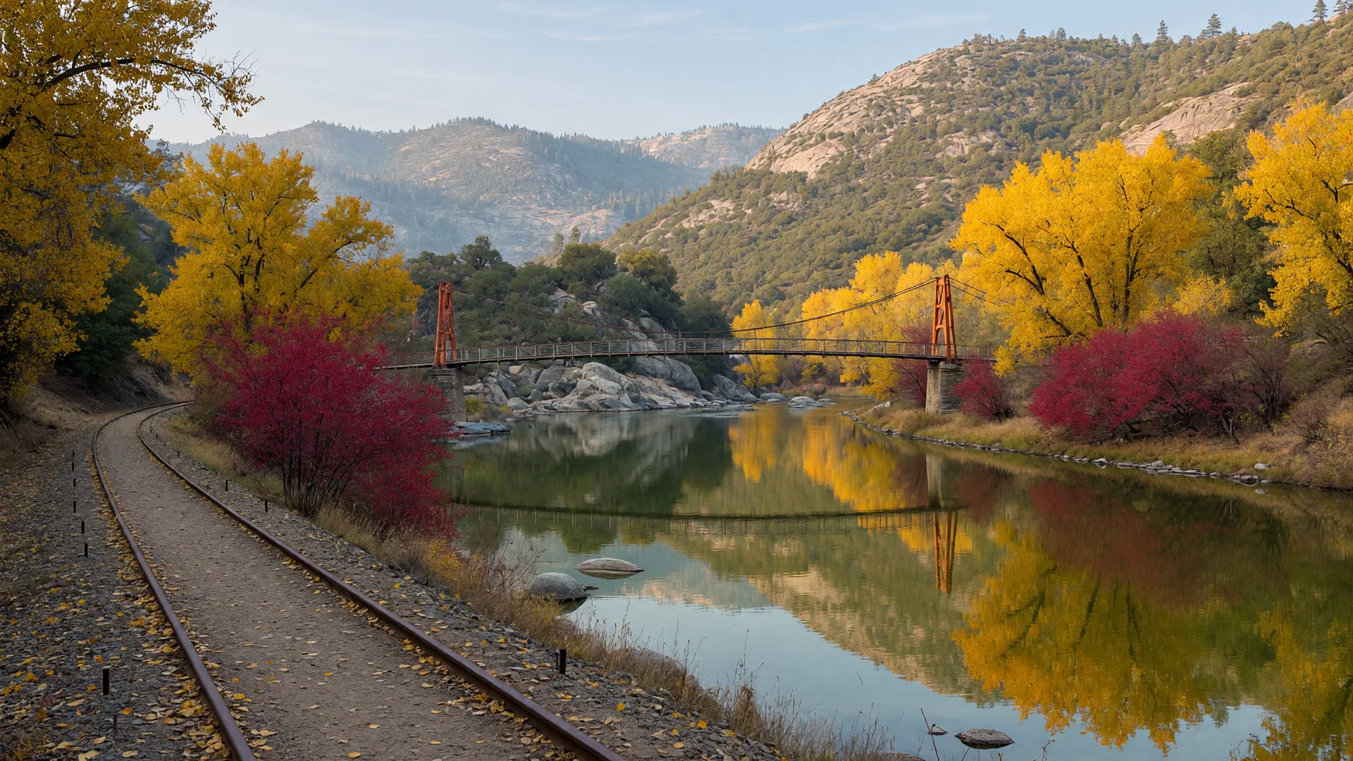 The Merced River at Briceburg in Mariposa County on a crisp late-October morning, the old flat railroad-grade trail running along the north bank, golden cottonwoods and western redbuds in fall color along the water, a suspension bridge crossing the river in the middle distance, calm green-gold water reflecting the amber trees, and the hazy oak-dotted Sierra foothills on the horizon