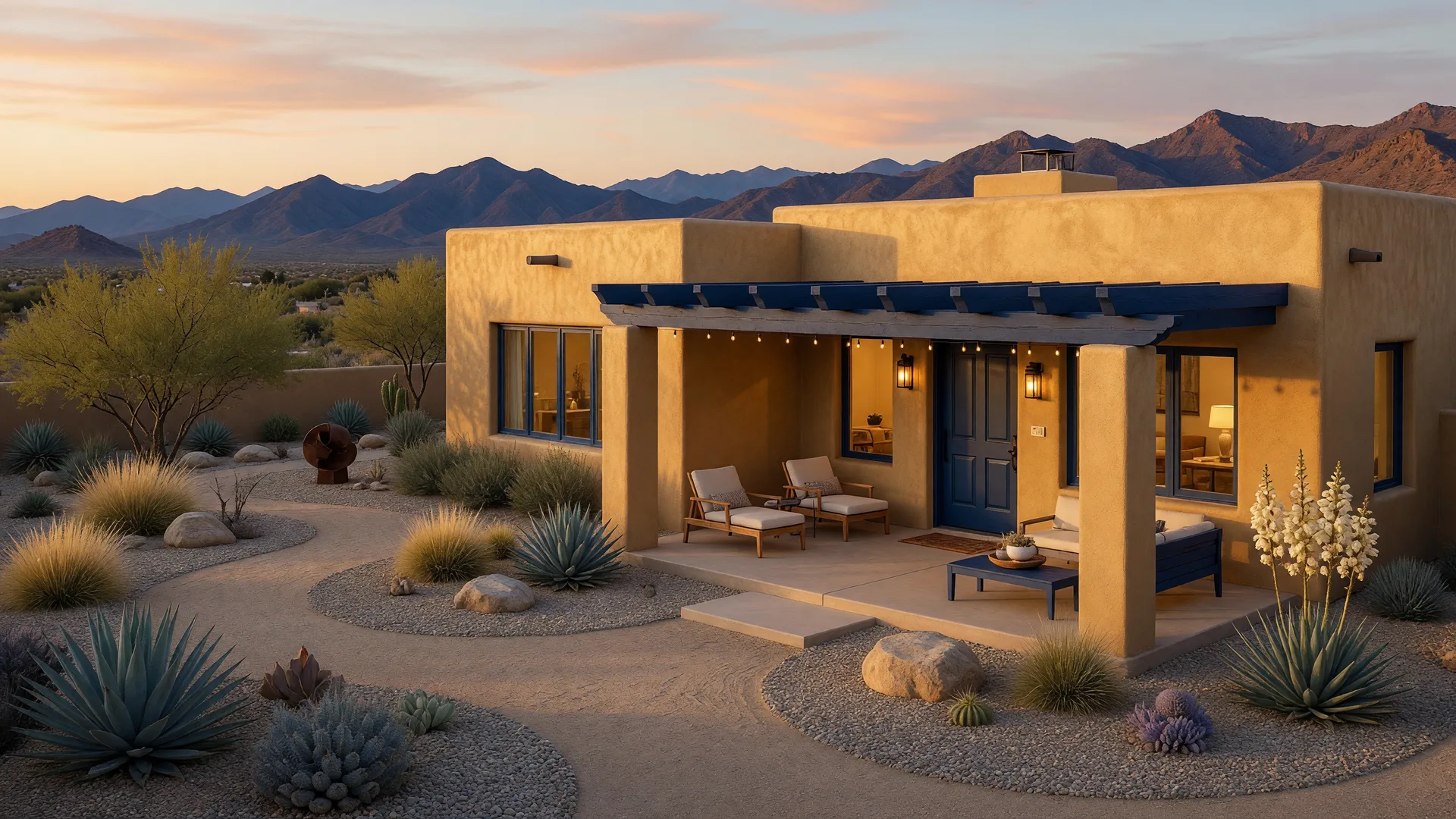 Architectural hero photograph of a beautiful luxury home at golden hour, the family home considered in the decision to downsize into the next chapter of life.