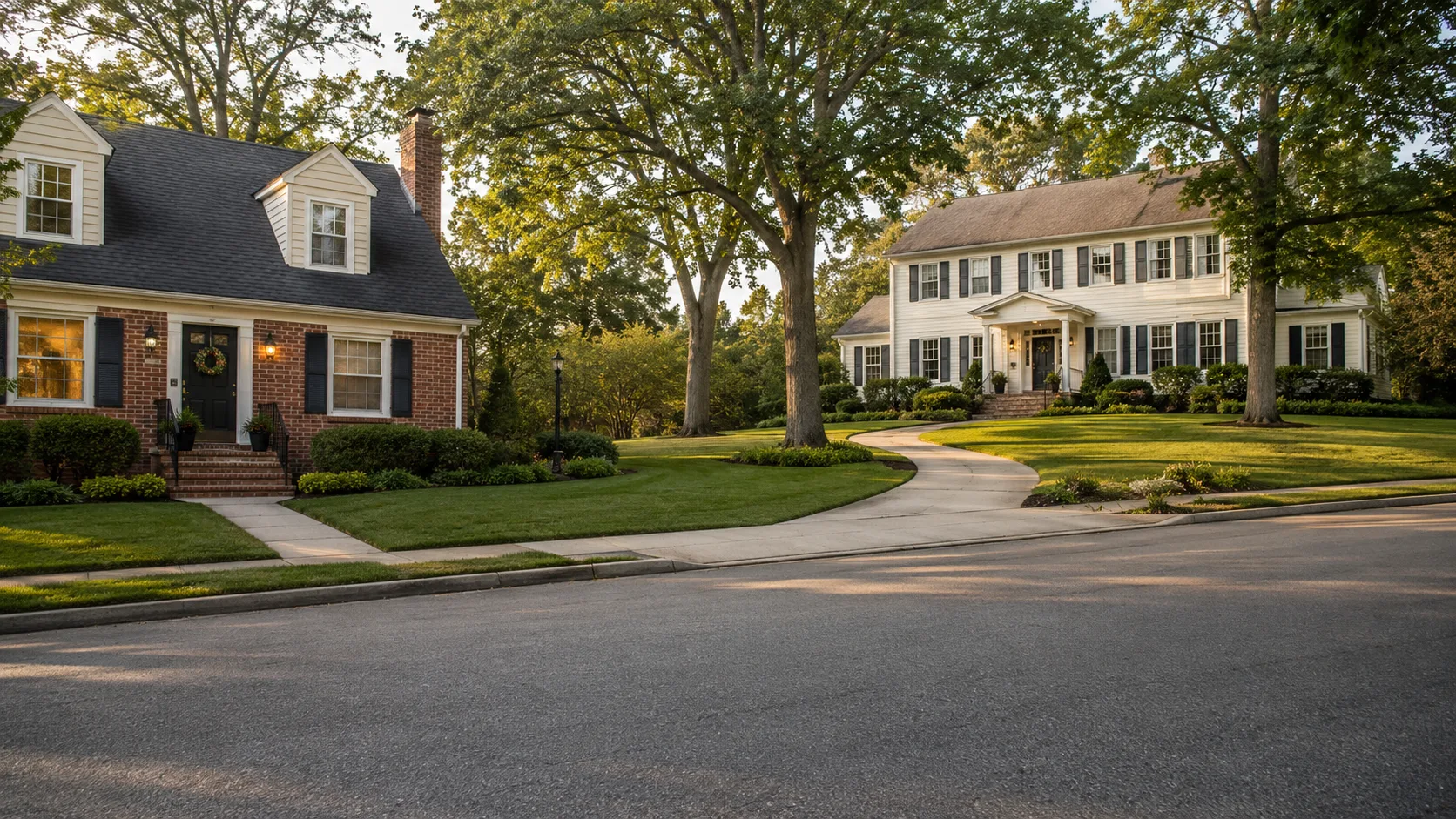 Two homes on the same street at golden hour — a smaller brick Cape Cod on the left and a larger white center-hall colonial on the right, separated by mature trees and a curving driveway.