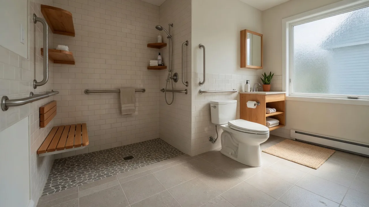 Modern accessible bathroom with walk-in shower and grab bars