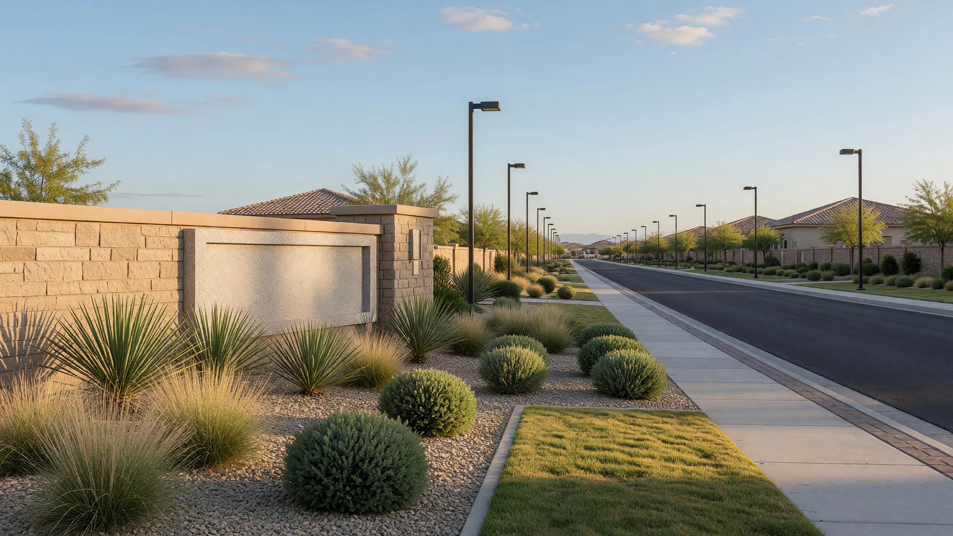 A tidy Nevada planned-community entrance in soft morning light with manicured landscaping, a stone monument wall, and a quiet residential street.