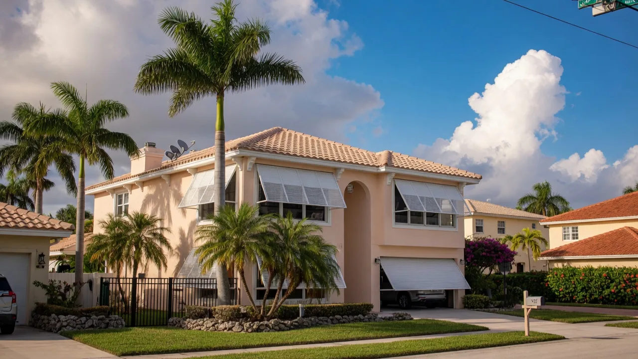 Florida home with impact storm shutters in a South Florida neighborhood, showing features that reduce homeowners insurance costs