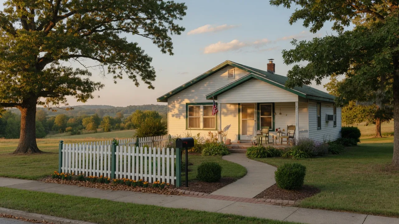 Single-story home with a tidy fenced front yard and front porch in the Missouri Ozarks in warm late-afternoon light