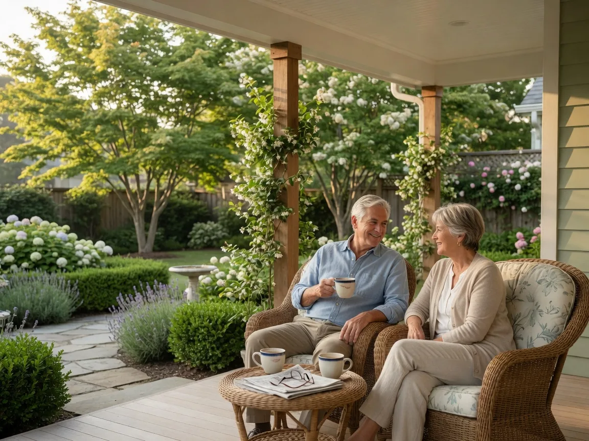 A couple sitting on a patio enjoying a quiet morning
