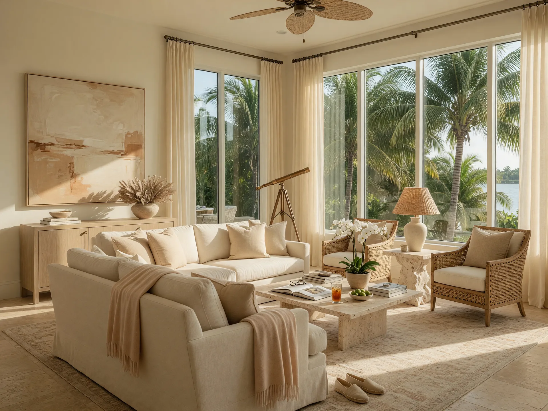 A warm luxury residence interior with water views