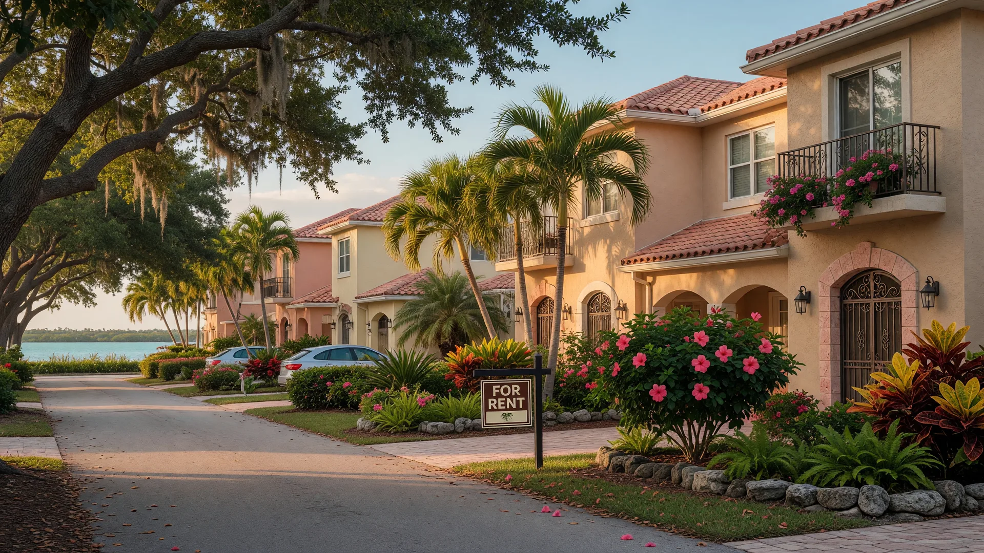 A peaceful coastal Florida neighborhood in golden hour with a Mediterranean-style townhome with a For Rent sign, tropical landscaping, and tree-lined streets