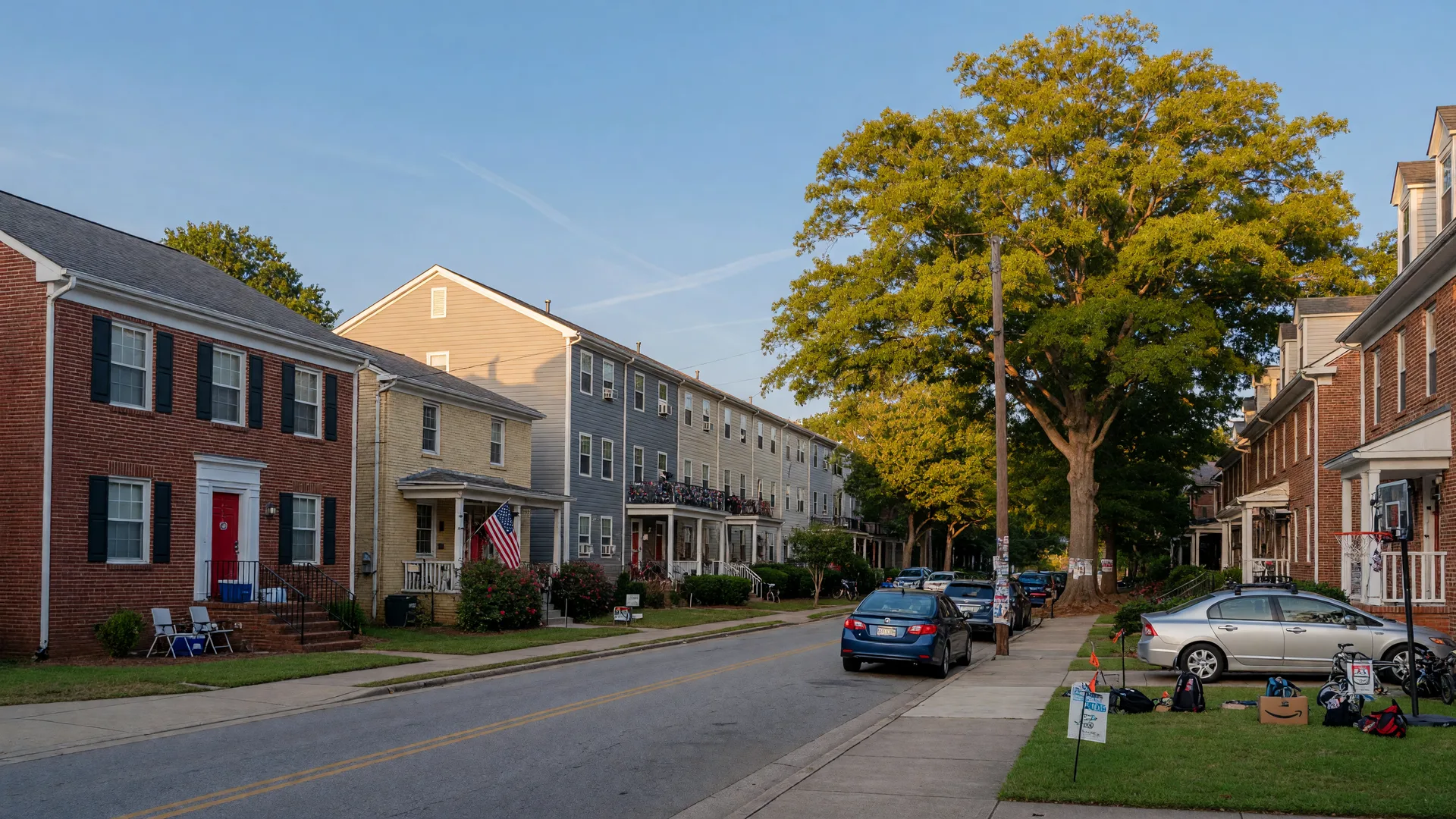 Residential street near NC State University with student housing and townhomes in Raleigh NC