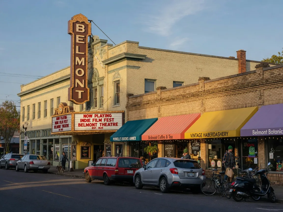 The Belmont Theatre marquee and independent shops along SE Belmont Street in late-afternoon light