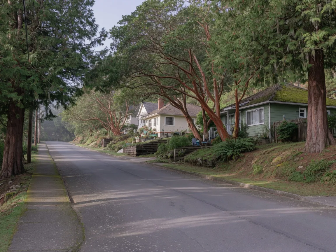 A residential street in a coastal Victoria neighbourhood rising inland from the shore, homes climbing the hill above the beach