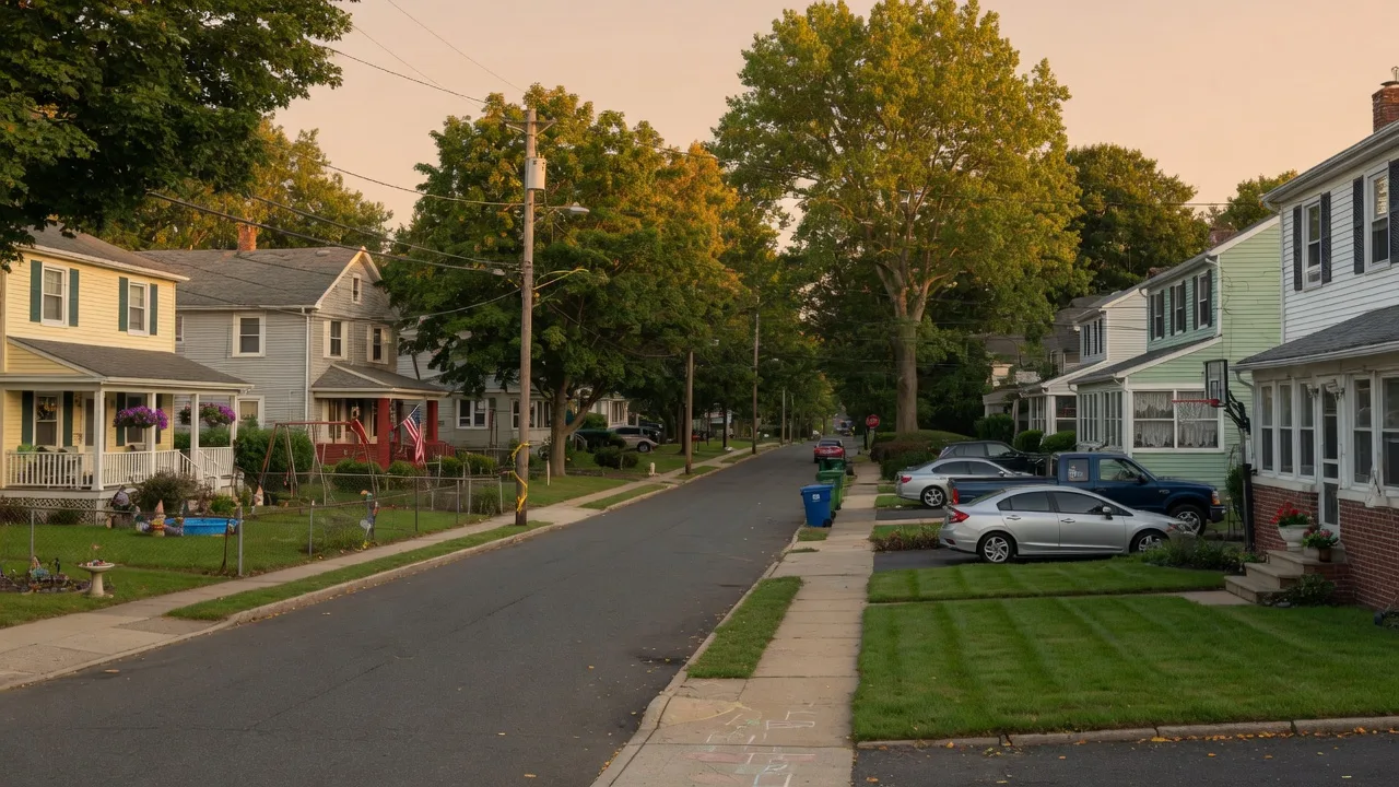 Quiet tree-lined residential street in Hillcrest, Paterson with single-family Cape Cod and bungalow homes