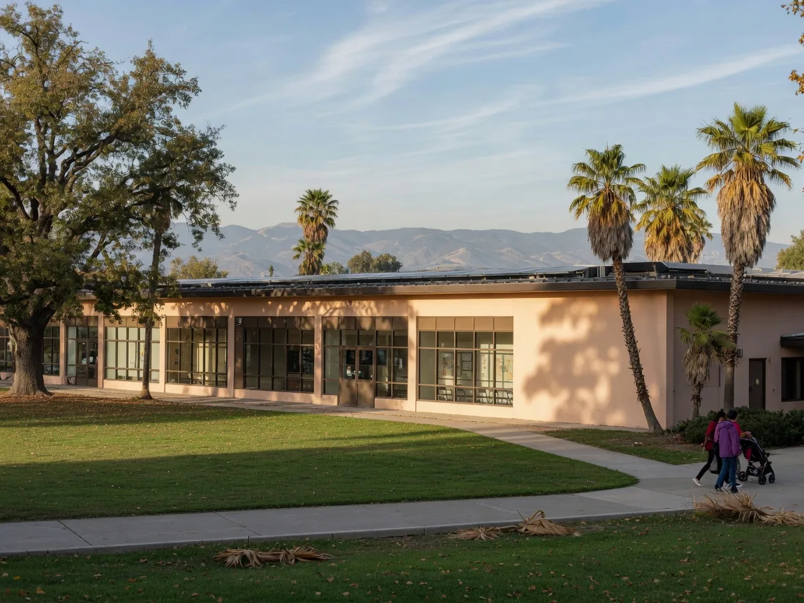 A modern single-story community center building in South Merced on a sunny October afternoon, set among oak and palm trees with a wide lawn and the Sierra foothills hazy on the horizon