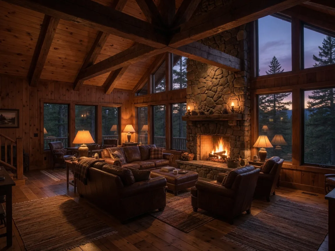 A timber-beam mountain-lodge great room with a stone fireplace lit at dusk