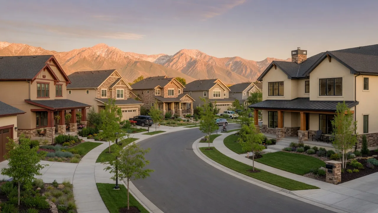 New construction mountain modern homes in Salt Lake City — master-planned community with Wasatch Mountain views, tree-lined streets, family neighborhood
