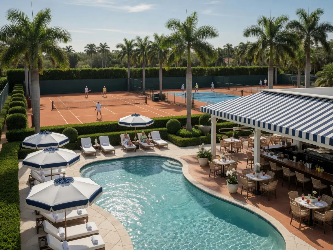 Resort-style pool, lanai dining terrace, and tennis courts at Glen Eagle Golf & Country Club, Naples, Florida