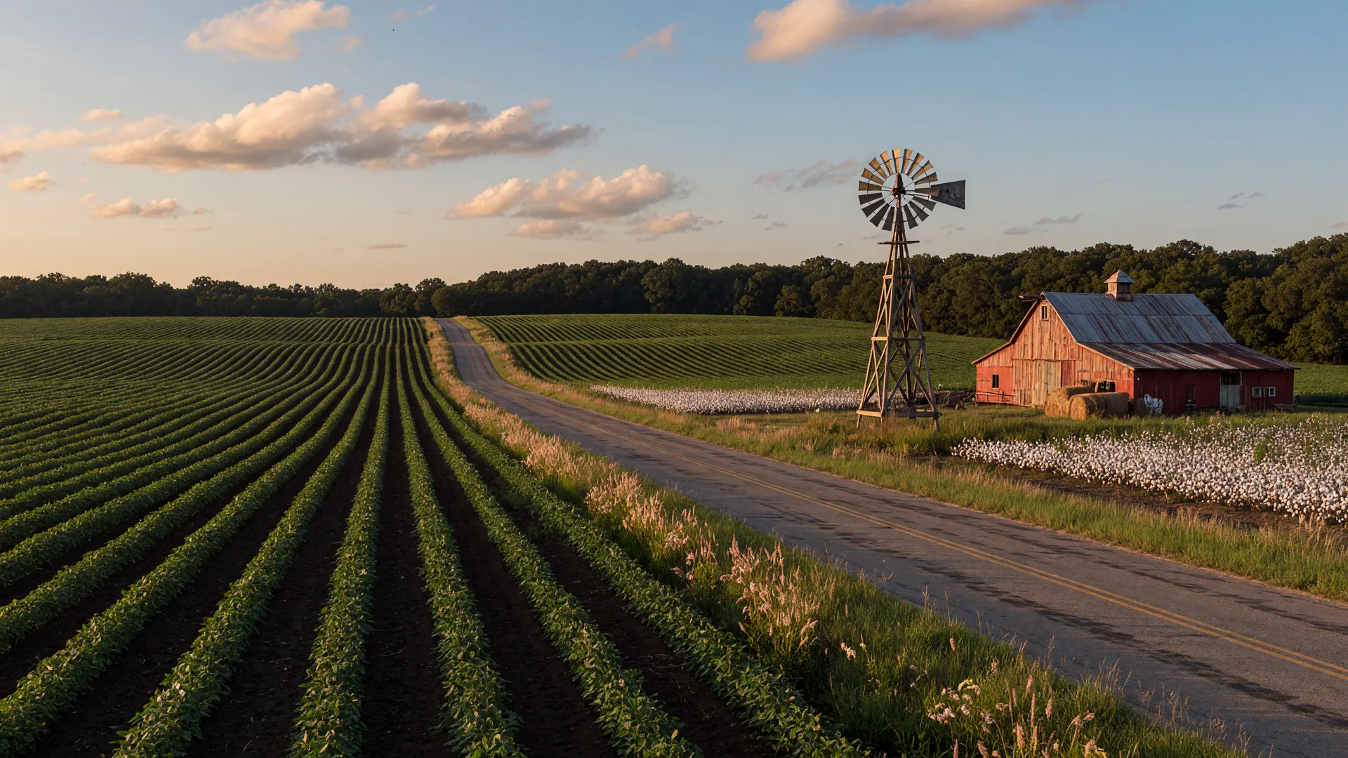 Golden-hour farmland in Delta County Texas with cotton and soybean fields along a quiet farm road