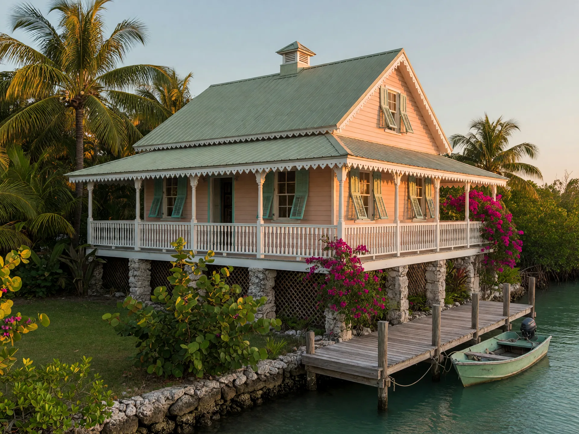 A restored Old Island Vernacular, Conch-style wood-frame home in the Upper Florida Keys at golden hour, raised on pilings with a wraparound white-railed veranda, steep corrugated metal roof, louvered wooden shutters, and gingerbread trim, tropical palms beside a calm turquoise canal