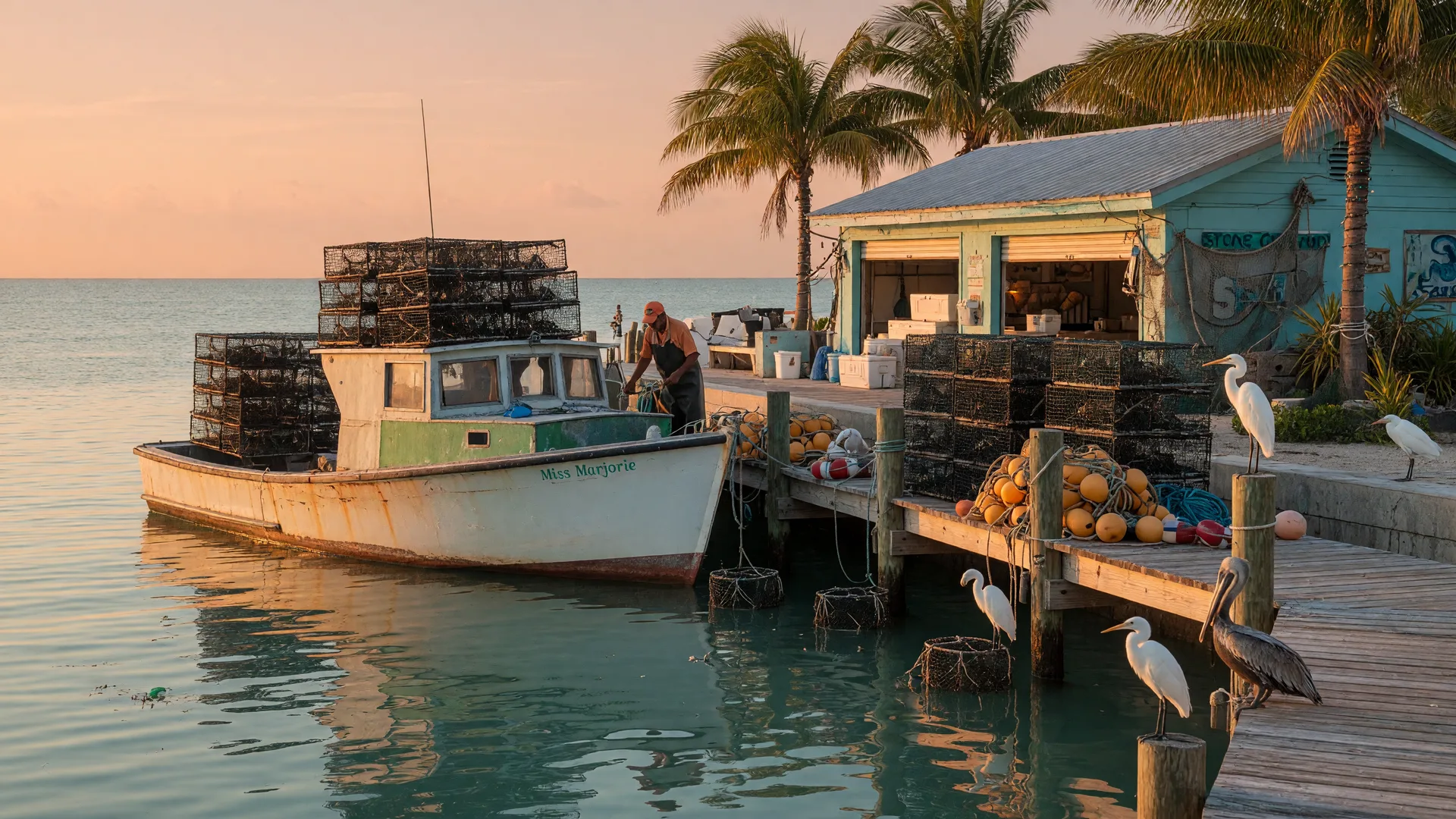 A weathered commercial fishing boat returning to a Florida Keys dock at golden hour, wire stone crab traps stacked on the deck and dock, a working fish house and palms behind, warm amber light over turquoise water