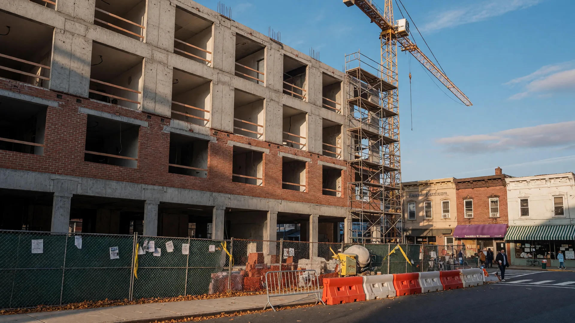 A partially built five-story apartment building at 59-65 Church Street in downtown Montclair with scaffolding, a tower crane, and open unfinished upper floors on an October afternoon