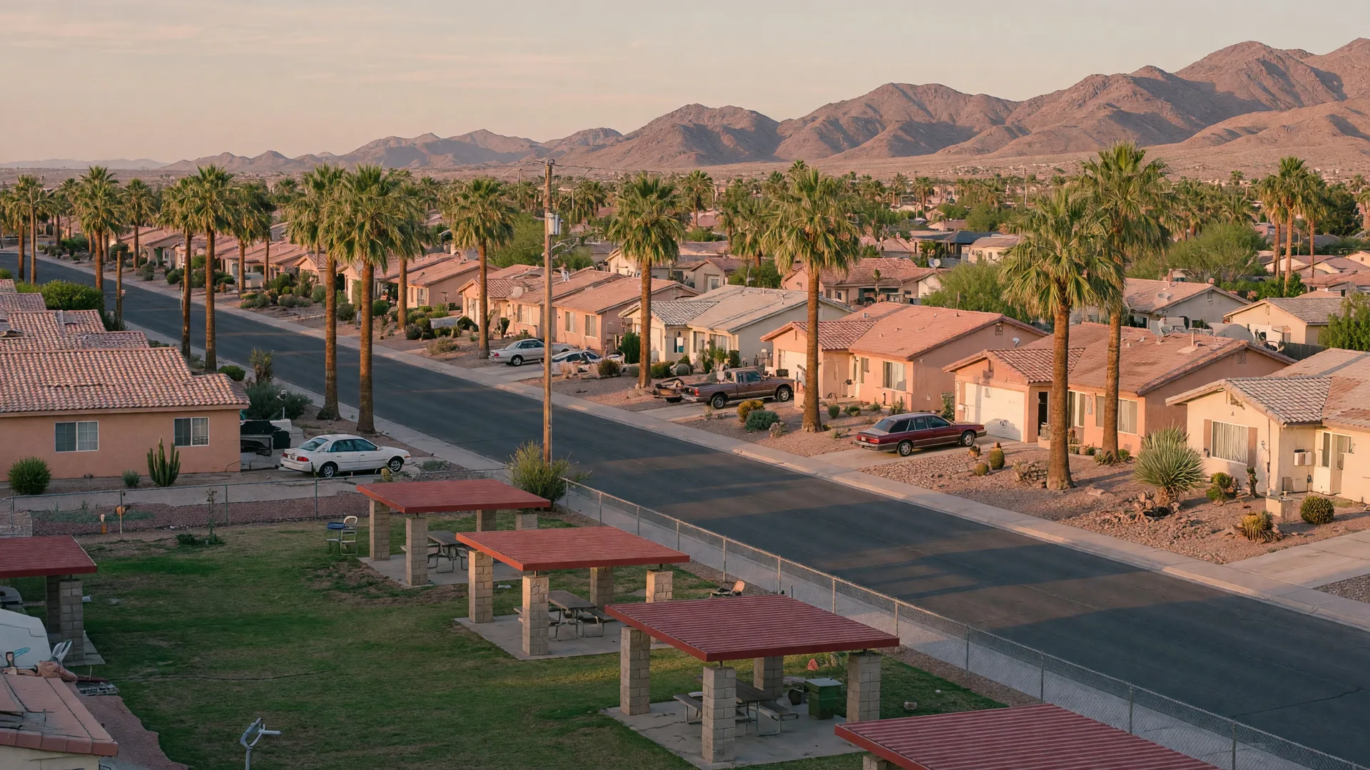 Mature single-story stucco homes and palm trees along a wide residential street in an established North Las Vegas community, with mountains on the horizon