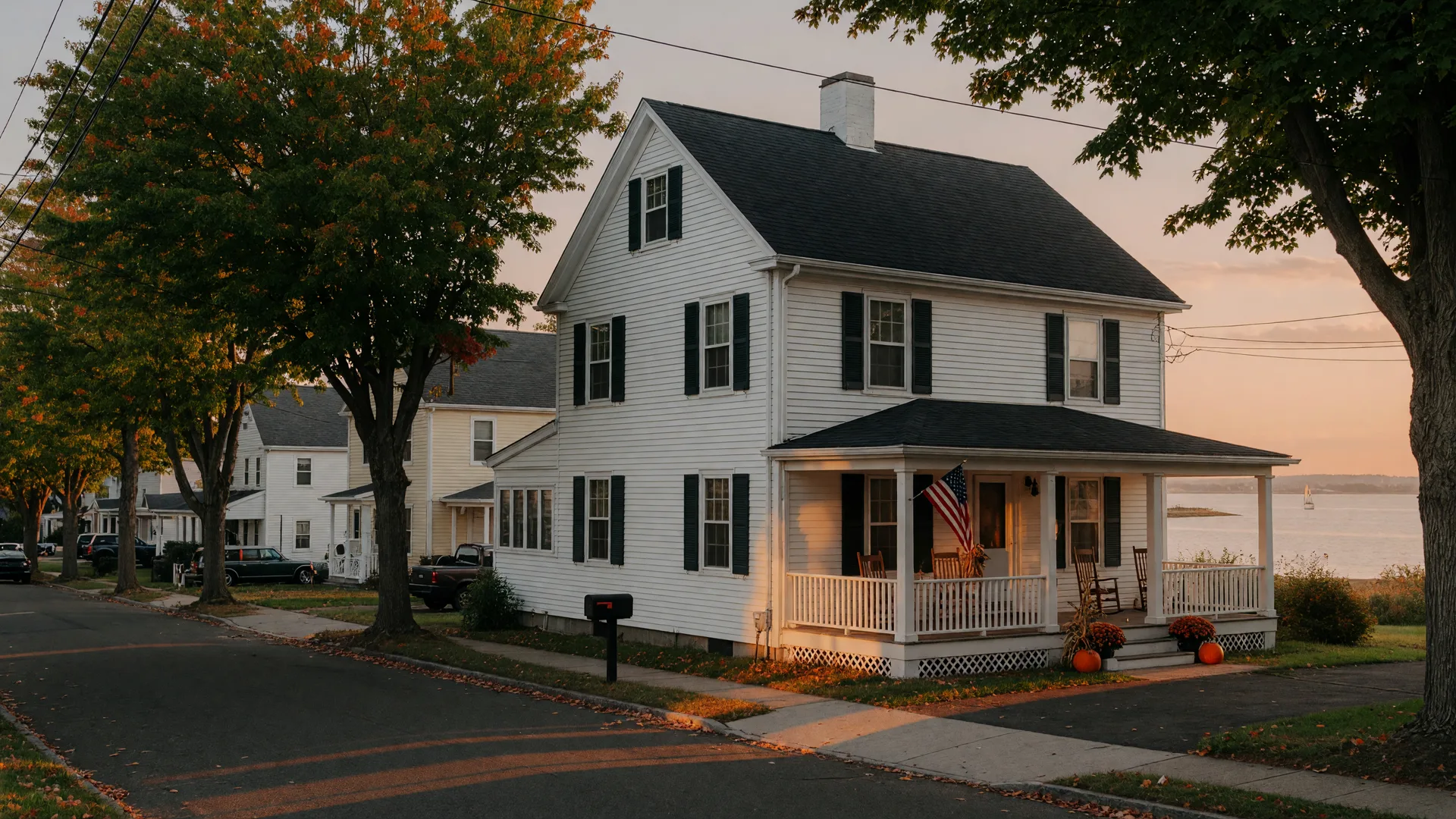 A classic white clapboard shoreline colonial home in East Haven, Connecticut at golden hour, with dark shutters, a front porch, early autumn maples, and Long Island Sound beyond the rooftops