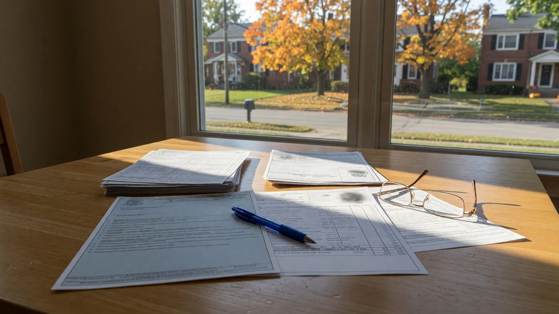 A Cuyahoga County property valuation notice and a stack of home-sale comparable printouts spread across a light oak kitchen table in a Cleveland suburb on a crisp mid-October morning, with a pen, reading glasses, and a leafy street of brick colonial homes visible through the window beyond