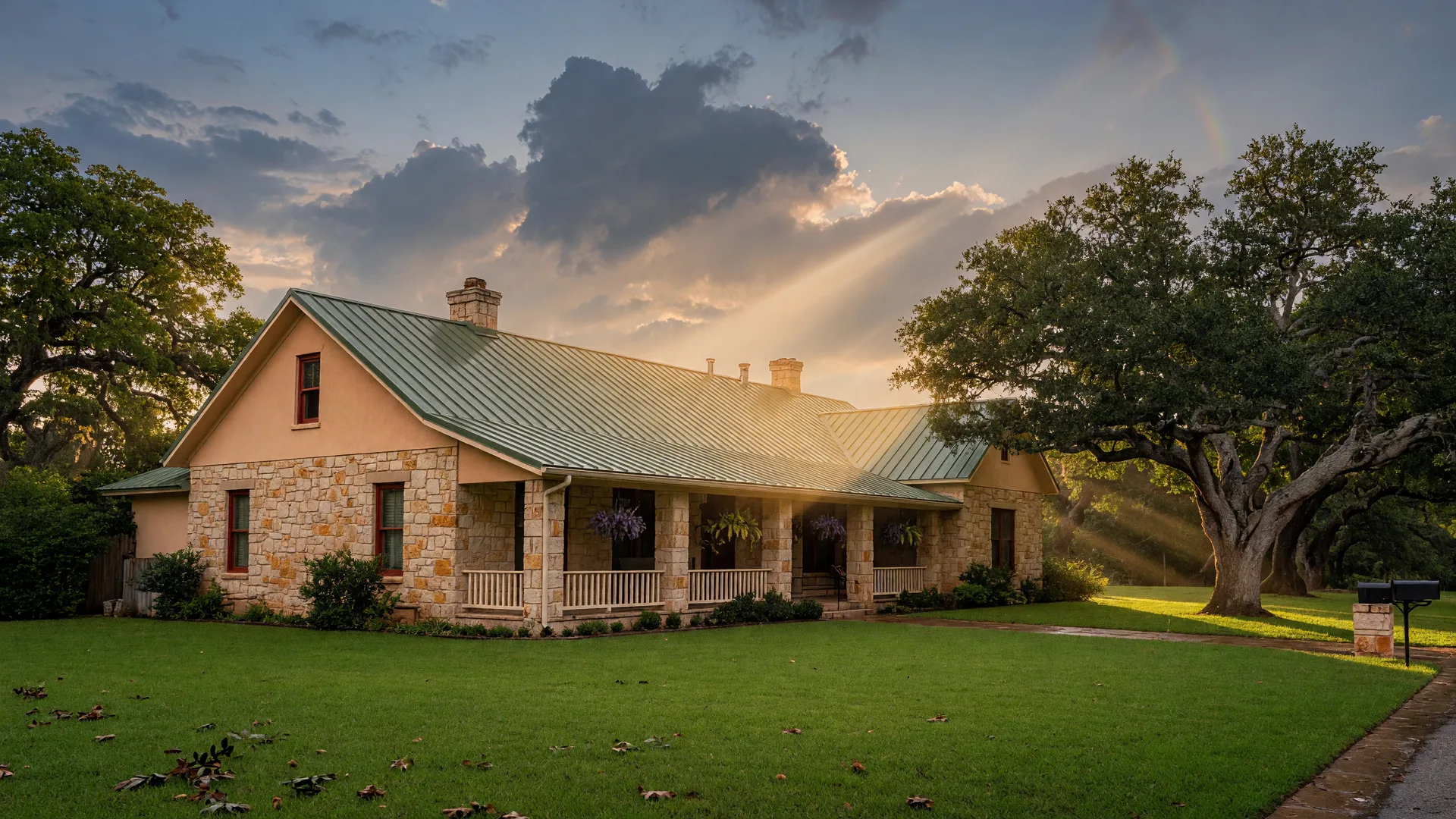 A Hill Country home with a standing-seam metal roof under a dramatic late-summer sky