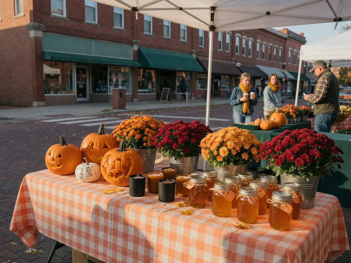 A late-October market stall with carved pumpkins, mums, handmade candles, and jars of honey on a historic brick street in warm afternoon light