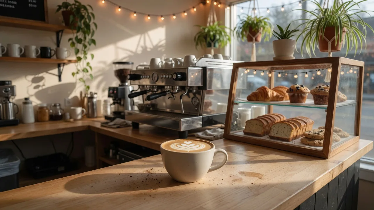 A cozy independent coffee shop interior with a light wood counter, espresso machine, a latte with foam art, a pastry case and hanging plants at This Guy's Coffee in Springboro Ohio