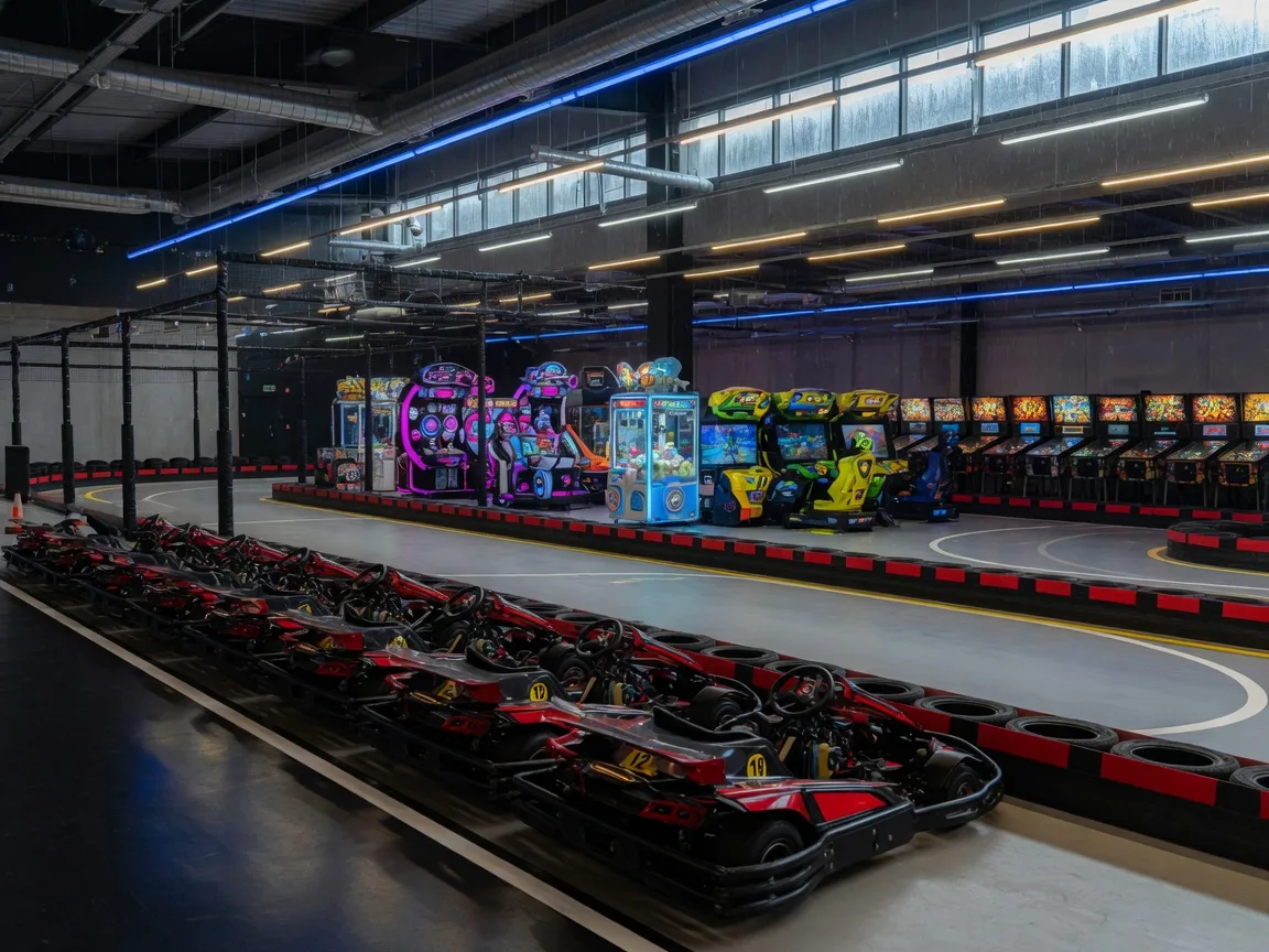 Indoor electric go-karts parked along the pit lane at a family entertainment center with arcade games glowing in the background