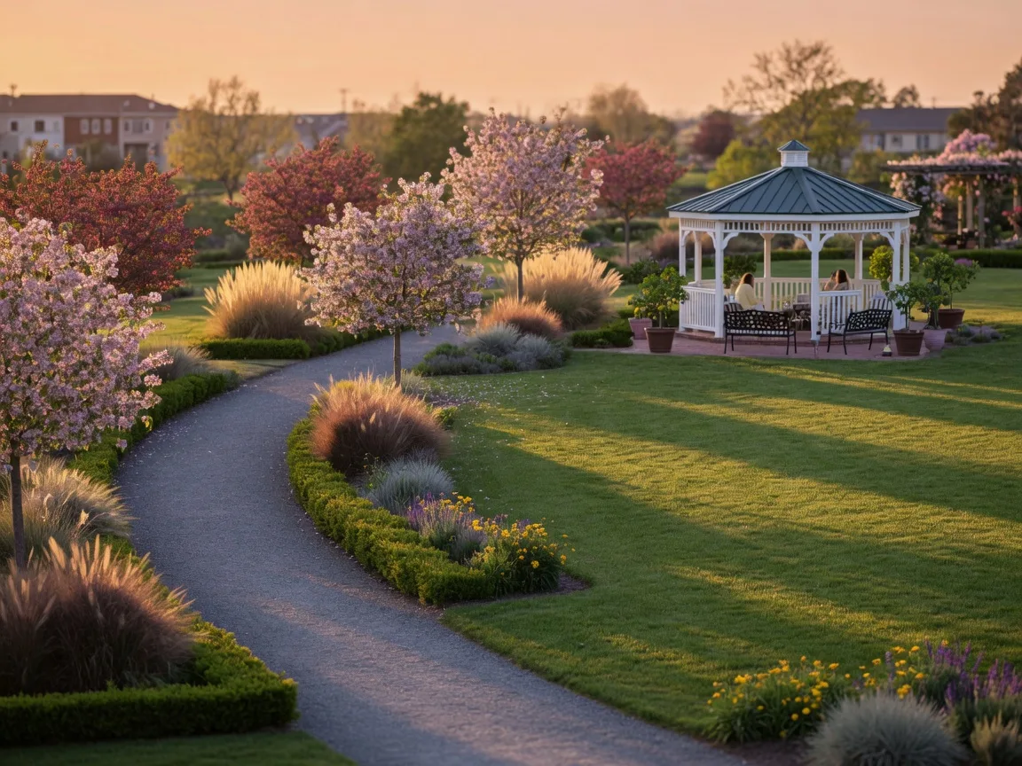 Beautifully landscaped community common area with walking paths and manicured green spaces
