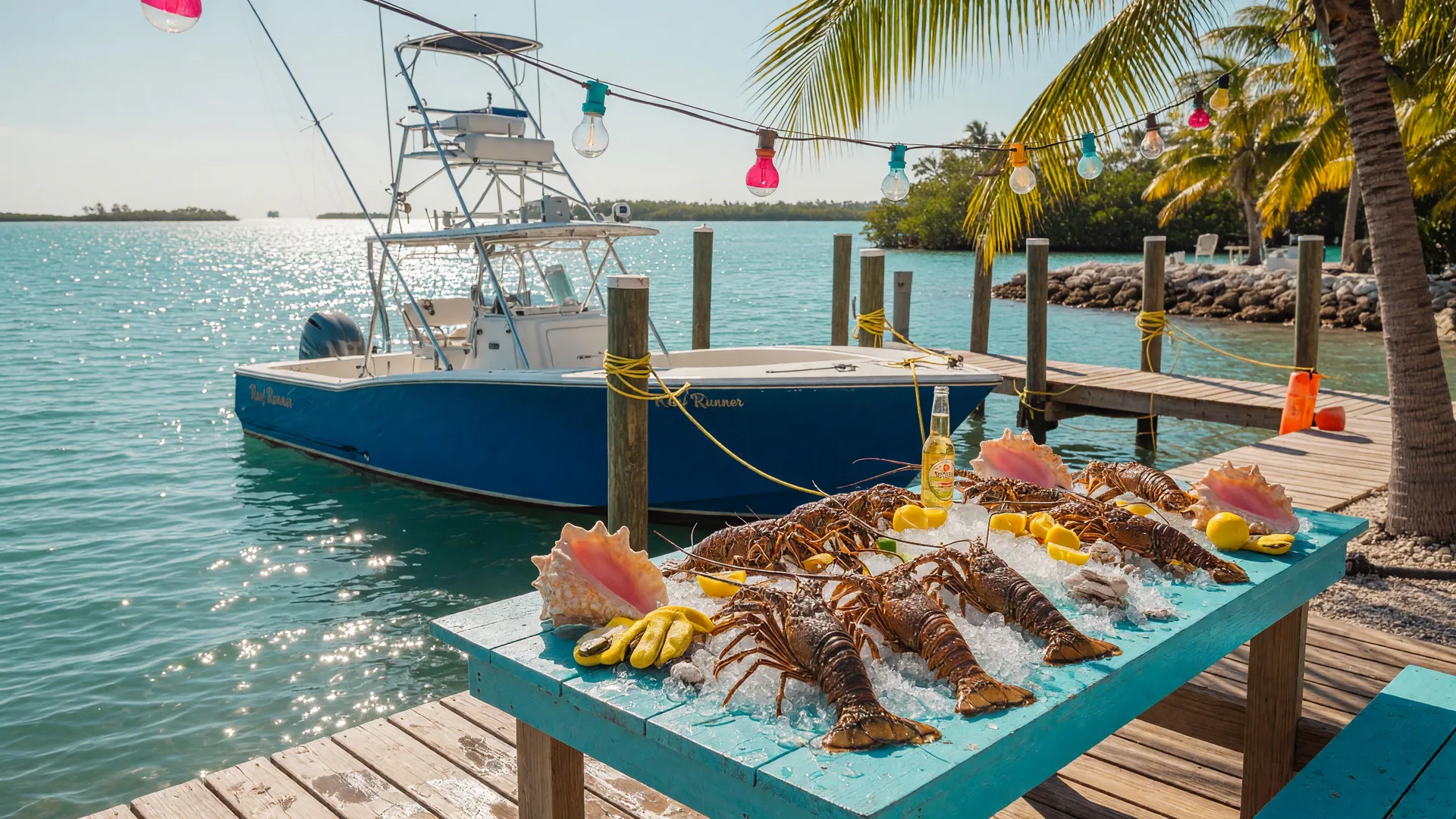 Freshly caught Florida spiny lobsters on ice at a tropical dockside table with a sport fishing boat moored behind and turquoise water under bright summer sunlight in the Florida Keys