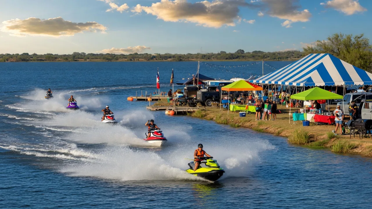 Personal watercraft racing across a sparkling Texas lake at a summer festival with rooster tails of white spray and shoreline vendor tents under a blue sky