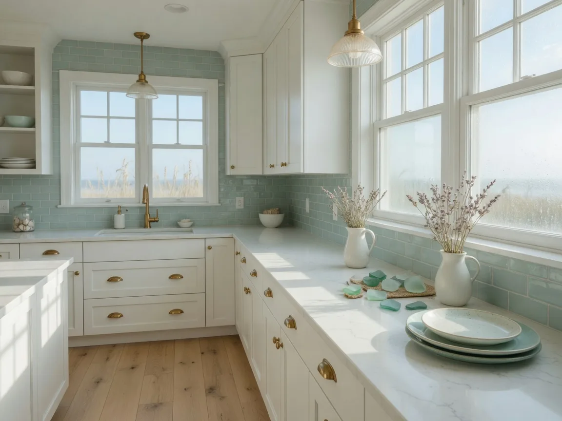 Bright coastal kitchen with white cabinets and sea-teal tile, the kind of space Tracie helps clients imagine
