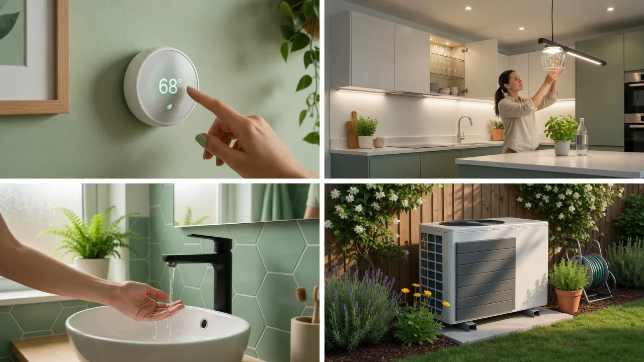 Composite showing smart thermostat, LED lighting, low-flow faucet, and heat pump upgrades